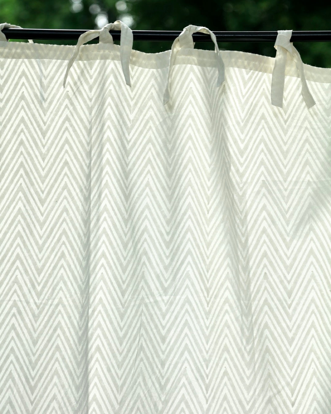Off-White & Grey Hand Block Printed Linen Curtains | Chevron Pattern-4