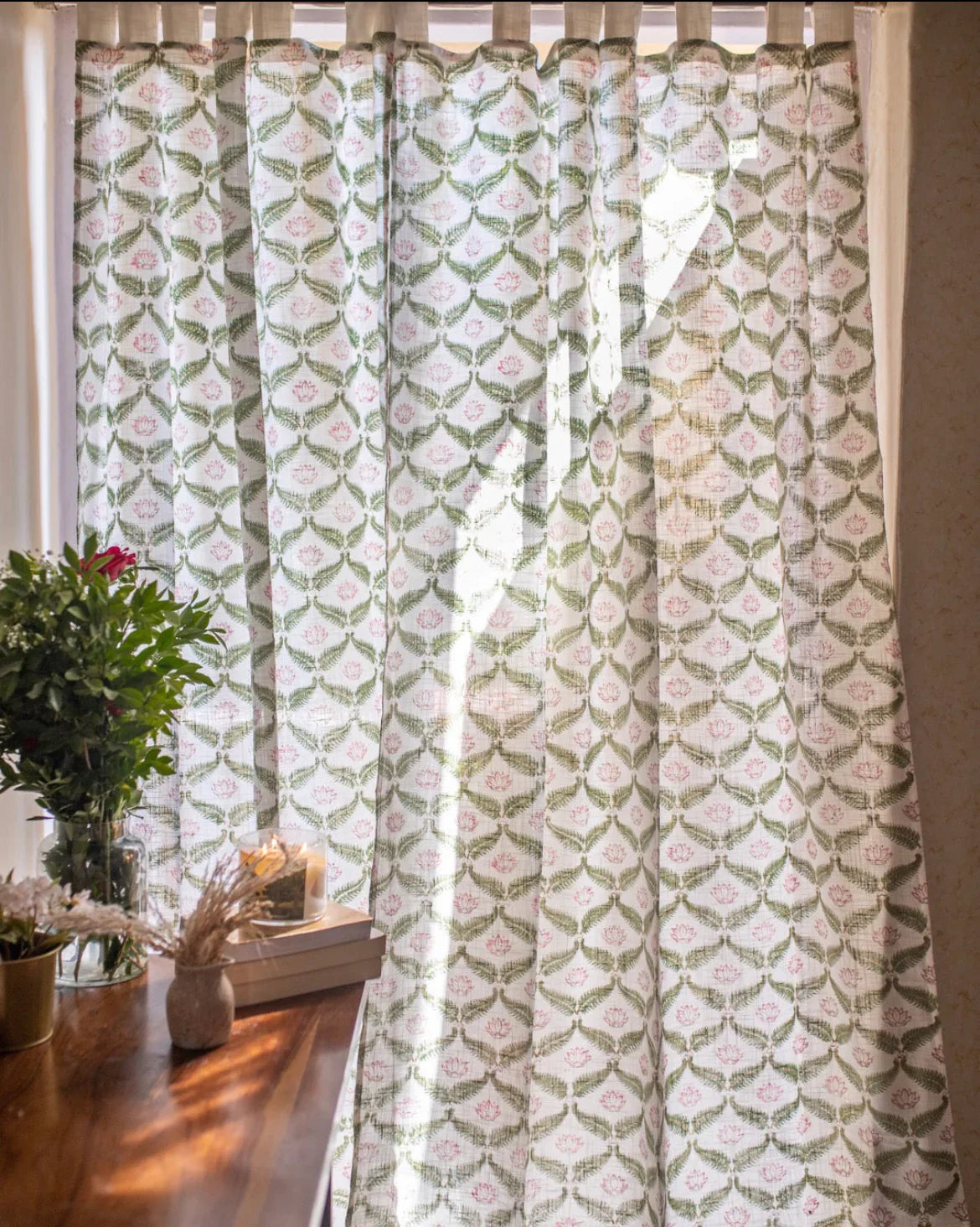White & Green Hand Block Printed Linen Curtains | Lotus & Jaal Design-3
