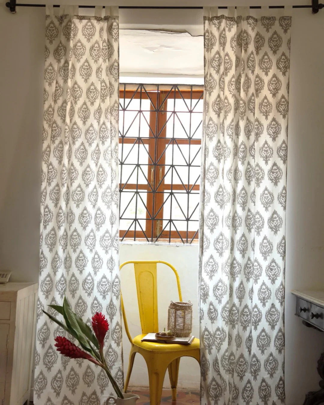 White & Grey Ikat Hand Block Printed Linen Curtains | Standard & Custom Sizing-2