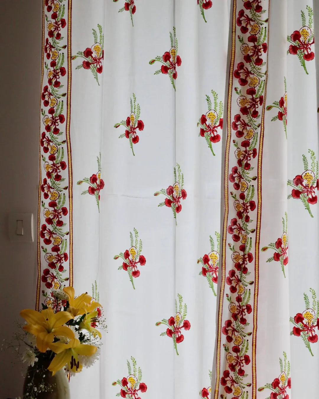 White & Red Hand Block Printed Linen Curtains | Gulmohar Flower Design-2