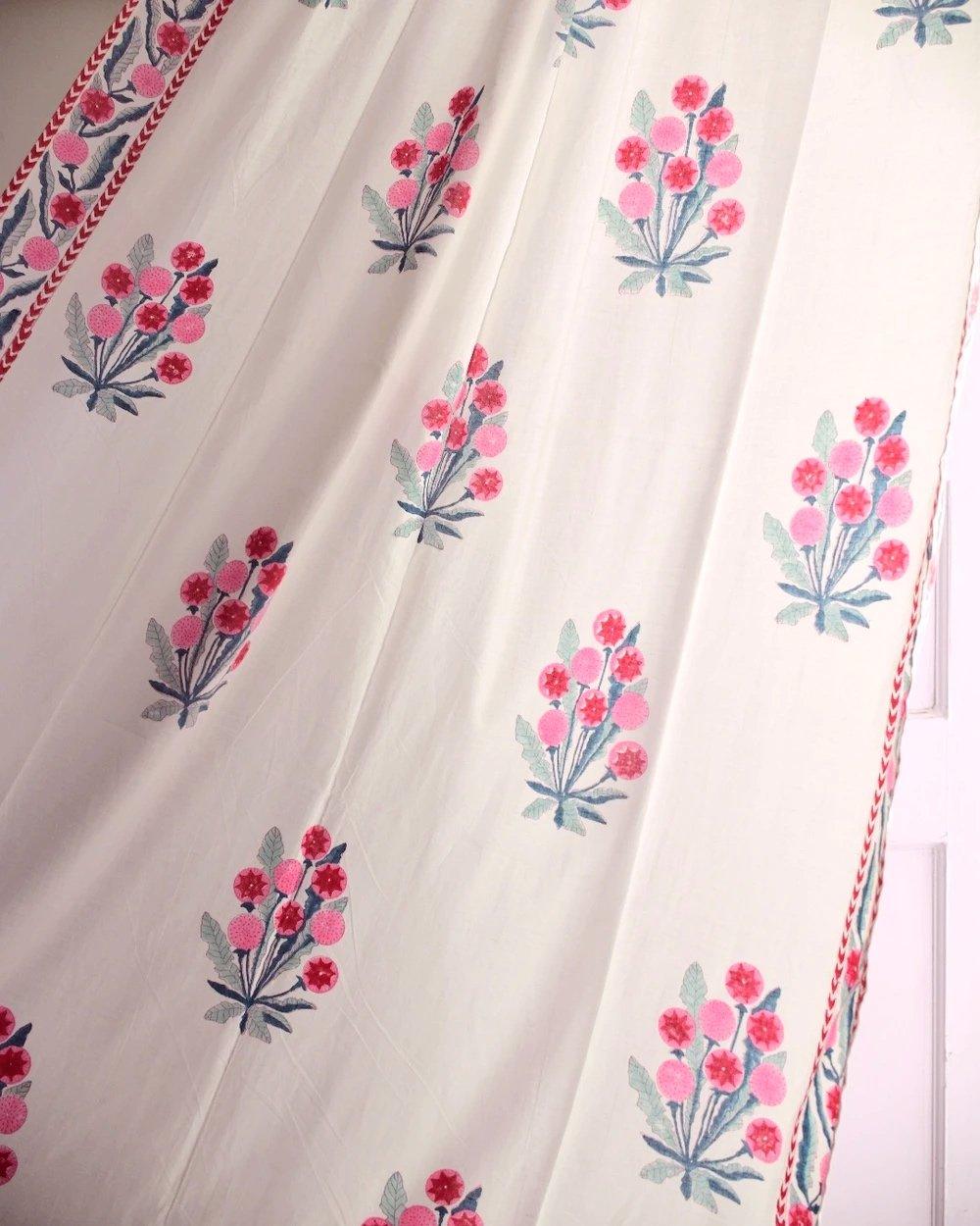 Pink & Green Hand Block Printed Linen Curtains | Floral Design-3