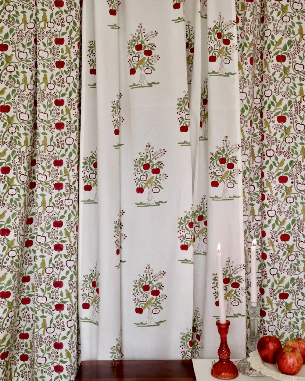 White & Red Hand Block Printed Linen Curtains | Apple & Bird Design-3