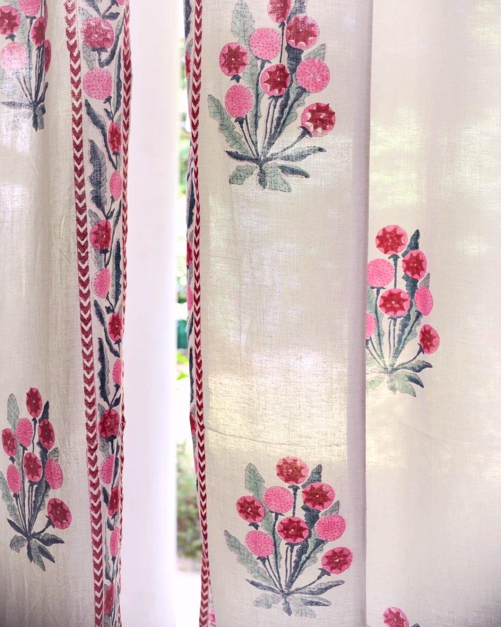 Pink & Green Hand Block Printed Linen Curtains | Floral Design-4