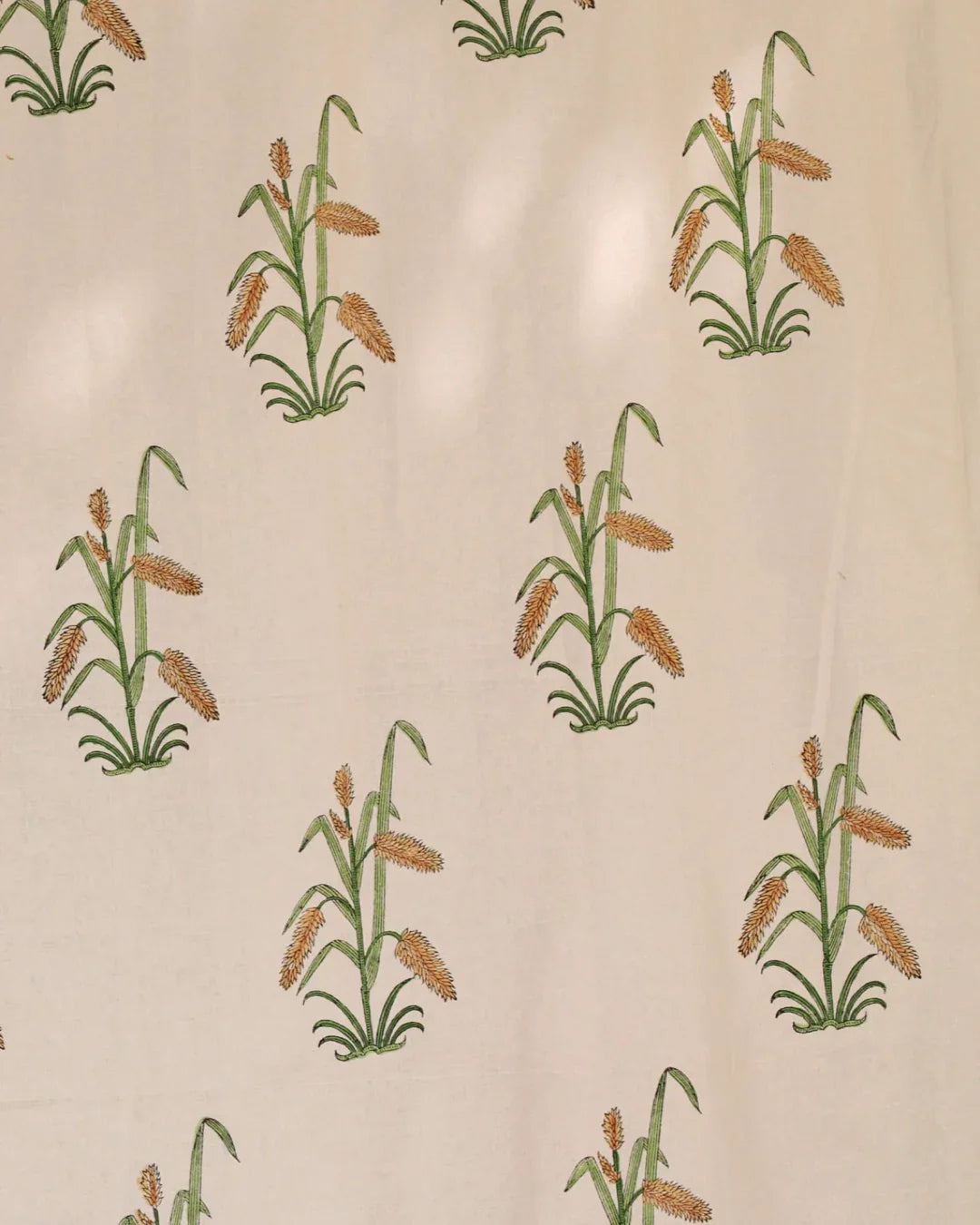 Off-White & Green Hand Block Printed Linen Curtains | Grass Pattern-1