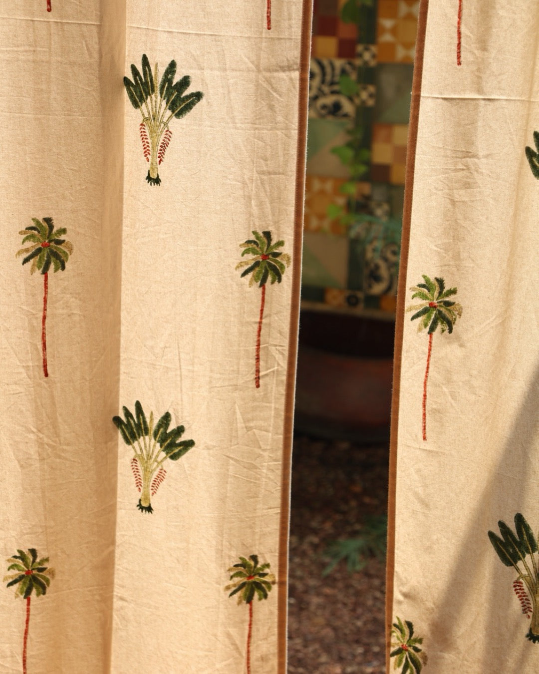 Off-White & Green Hand Block Printed Linen Curtains | Palm Tree Design-1