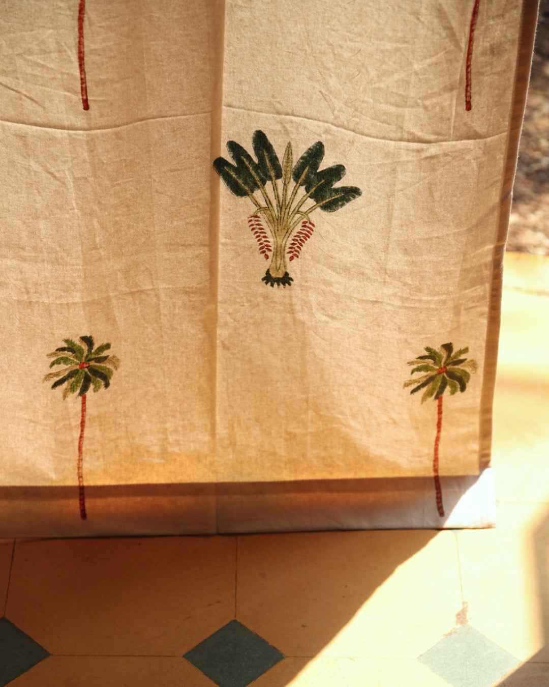 Off-White & Green Hand Block Printed Linen Curtains | Palm Tree Design-3
