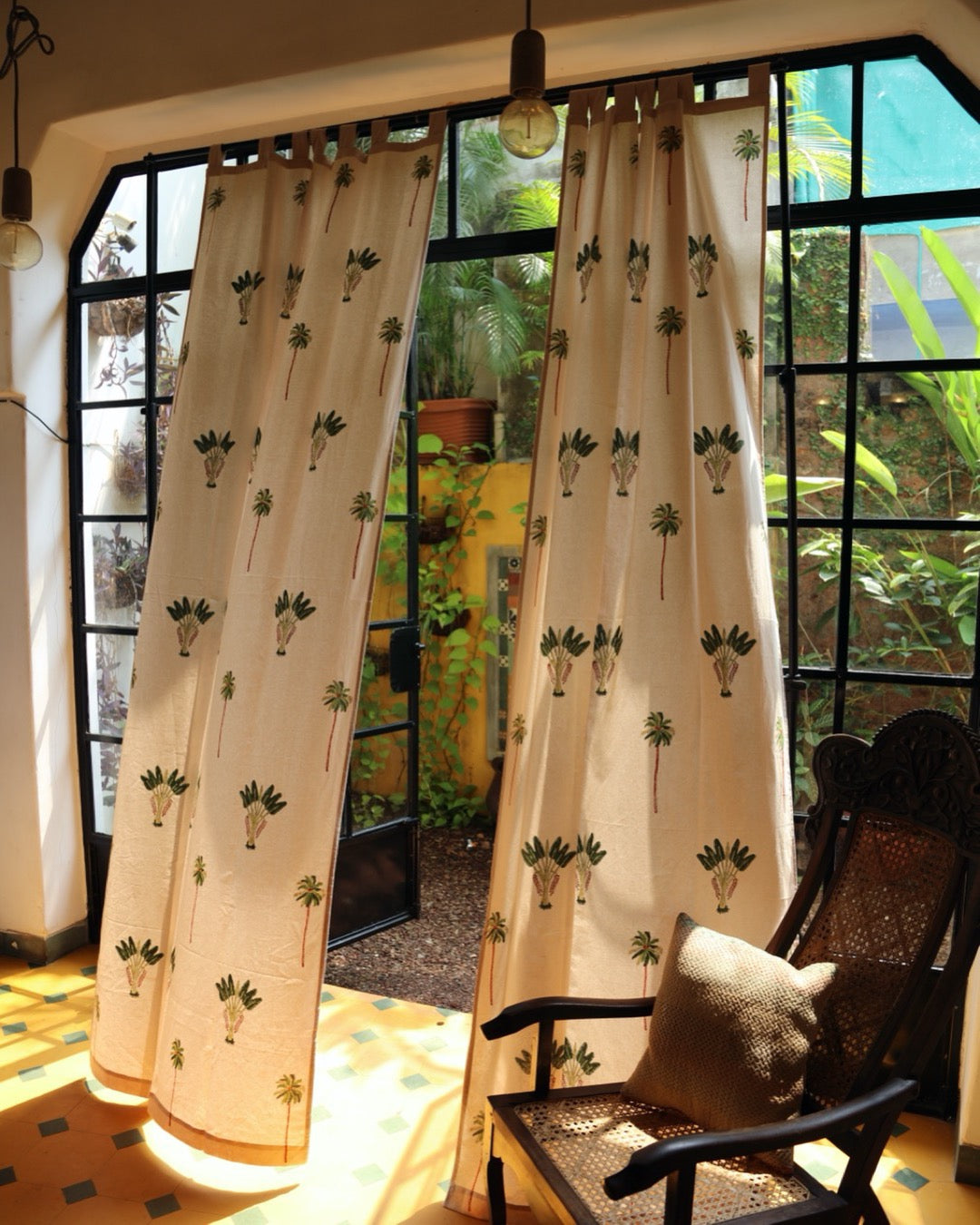 Off-White & Green Hand Block Printed Linen Curtains | Palm Tree Design-0