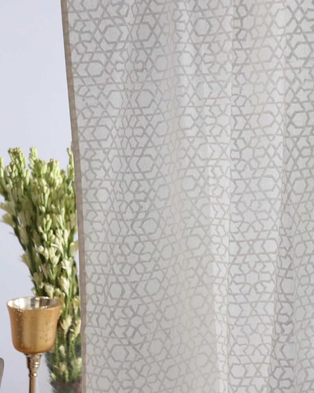 White Hand Block Printed Linen Curtains | Moroccan Geometric Design-2