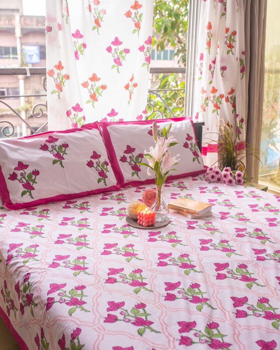 White & Pink Hand Block Printed Linen Curtains | Bougainvillea Design-2