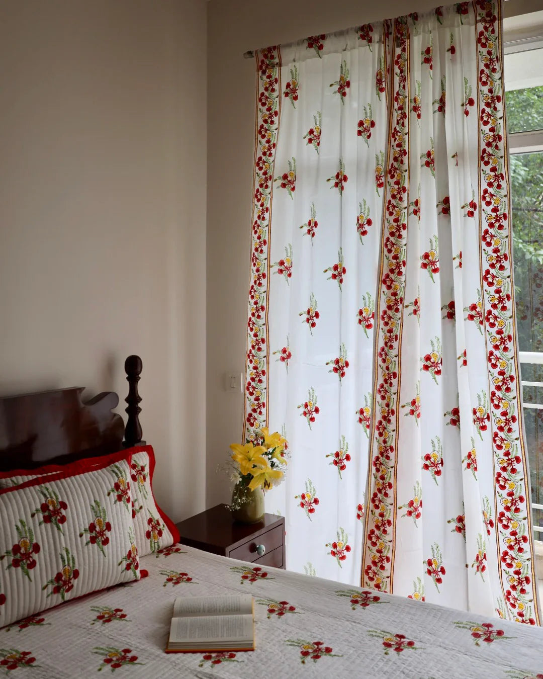 White & Red Hand Block Printed Linen Curtains | Gulmohar Flower Design-1