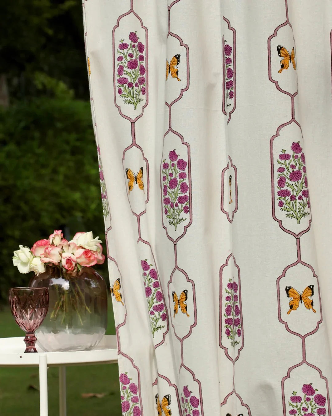 White & Purple Hand Block Printed Linen Curtains | Butterfly & Floral Design-2