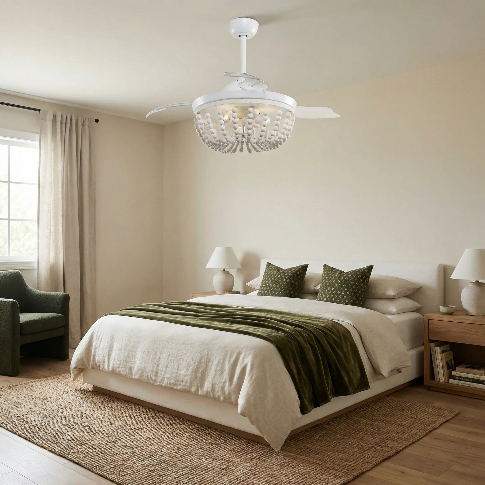 42" Huang Farmhouse Wooden Beads Ceiling Fan with Lighting