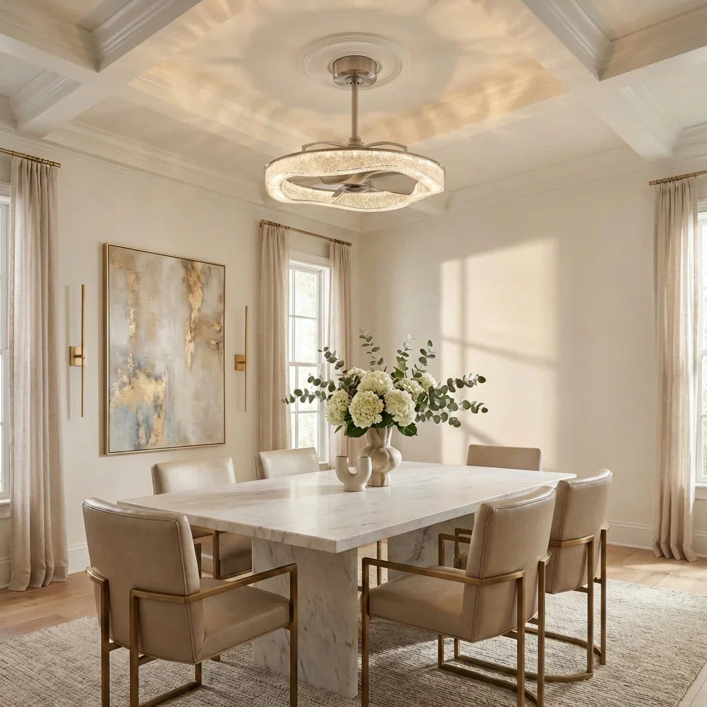 Perimost 33 Inch Satin Nickel Downrod Mount Luxury Fandelier with Light and Remote Control