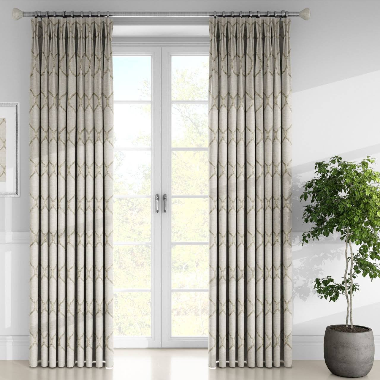 Bespoke Linen Curtains | Embroidered Trellis | Triple Pinch Pleat | Blackout or Light Filtering | 14 Colours | Custom Sizes-1