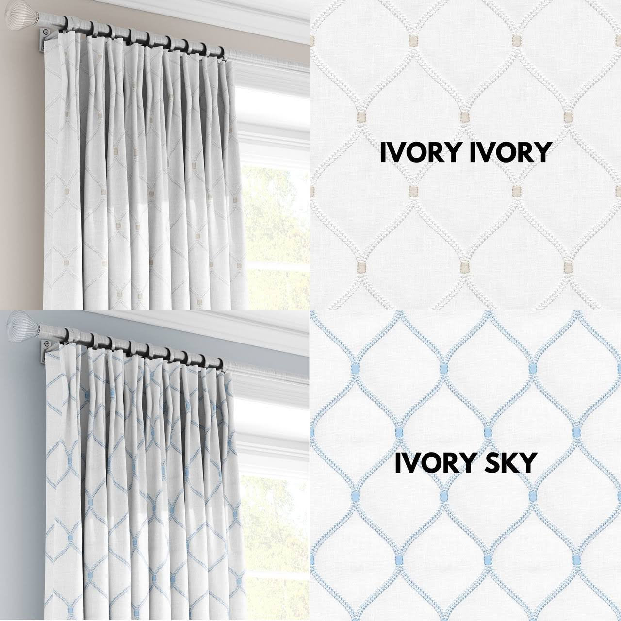 Bespoke Linen Curtains | Embroidered Trellis | Triple Pinch Pleat | Blackout or Light Filtering | 14 Colours | Custom Sizes-2