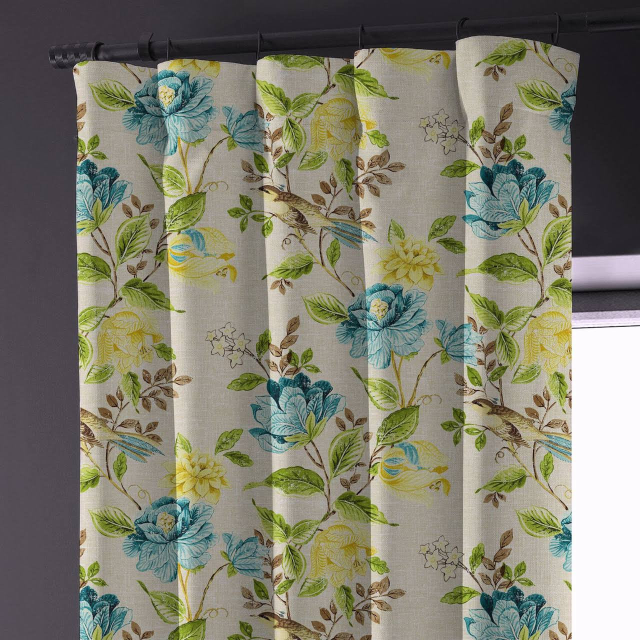 Cream Green Blue Floral & Bird Print Curtains | Organic Cotton Linen | Blackout/Light Filtering | Made to Measure-0