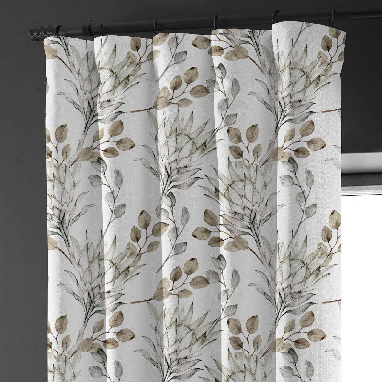Hand Painted Style Brown Linen Curtains UK - Watercolor Leaf & Flower Design-2