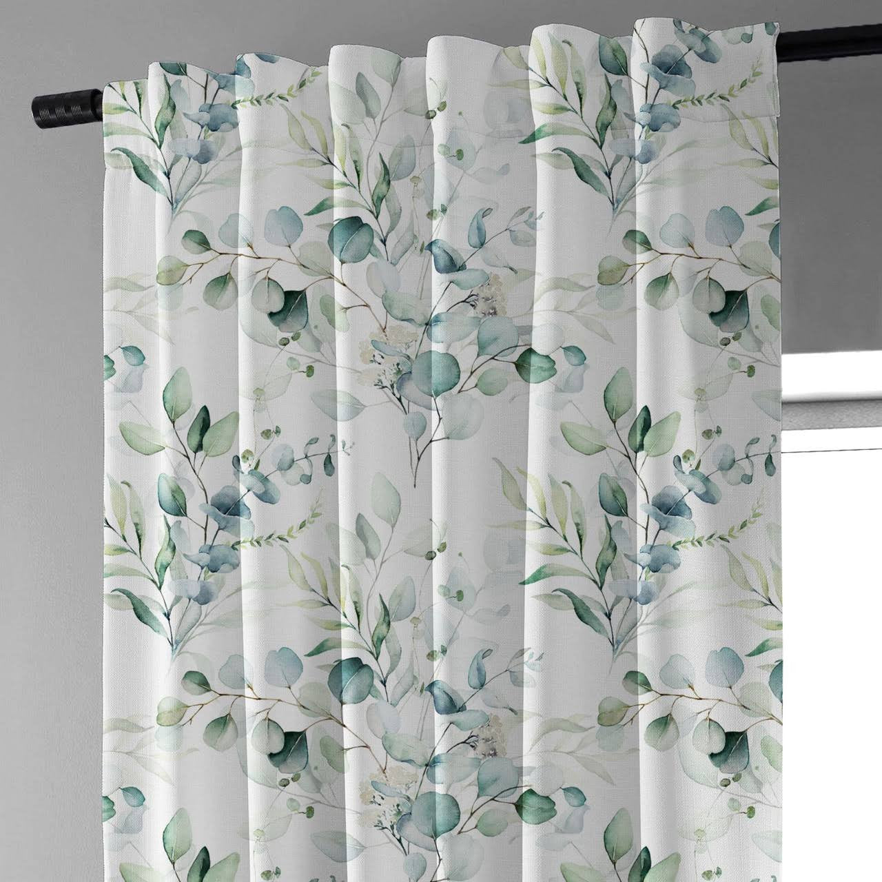 Linen Eucalyptus Curtains UK - Watercolor Leaf Print Light Filtering or Blackout-0