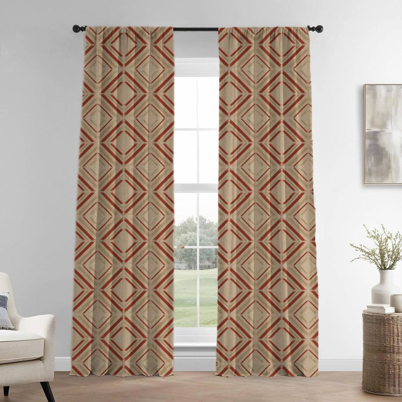 Earthy Brown & Terracotta Diamond Linen Curtains - Light Filtering or Blackout - Standard & Made to Measure-3