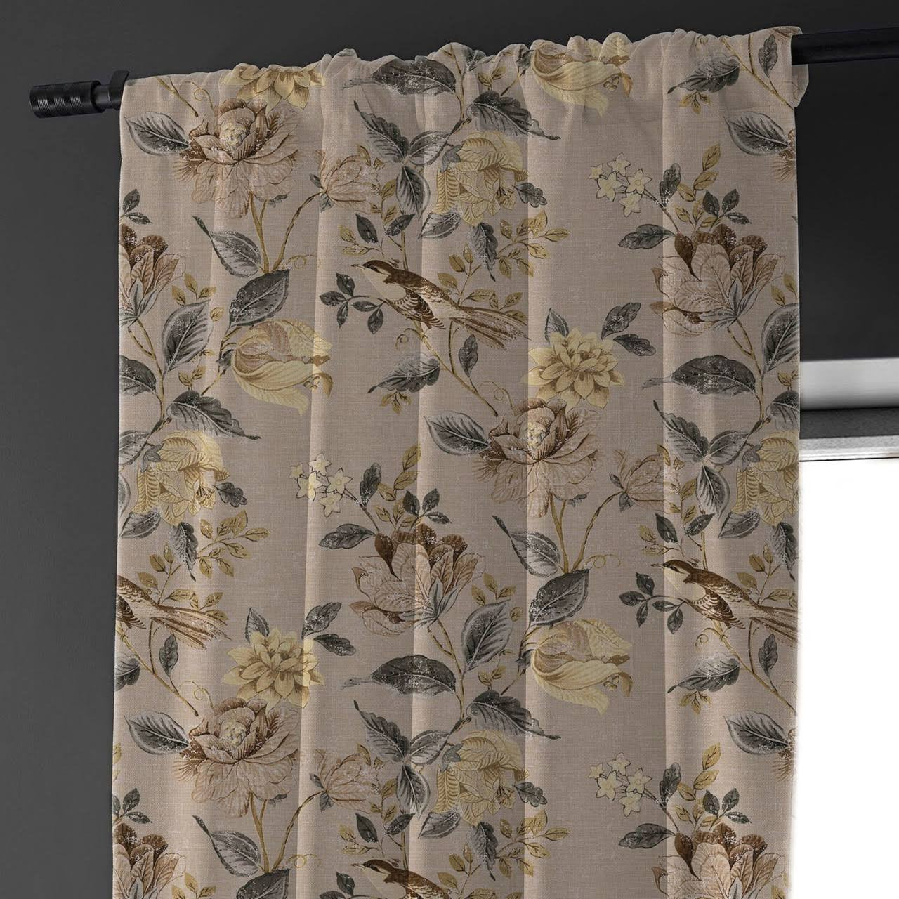 Neutral Taupe Curtains | Organic Cotton Linen | Floral & Bird Print | Blackout/Light Filtering | Made to Measure-3
