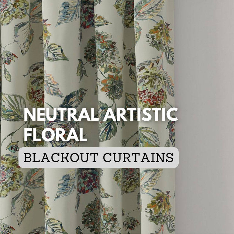 Artistic Beige Green Hand Painted Floral Botanical Leaf Cotton Linen Curtains | Blackout or Light Filtering | Standard or Custom Sizes-0