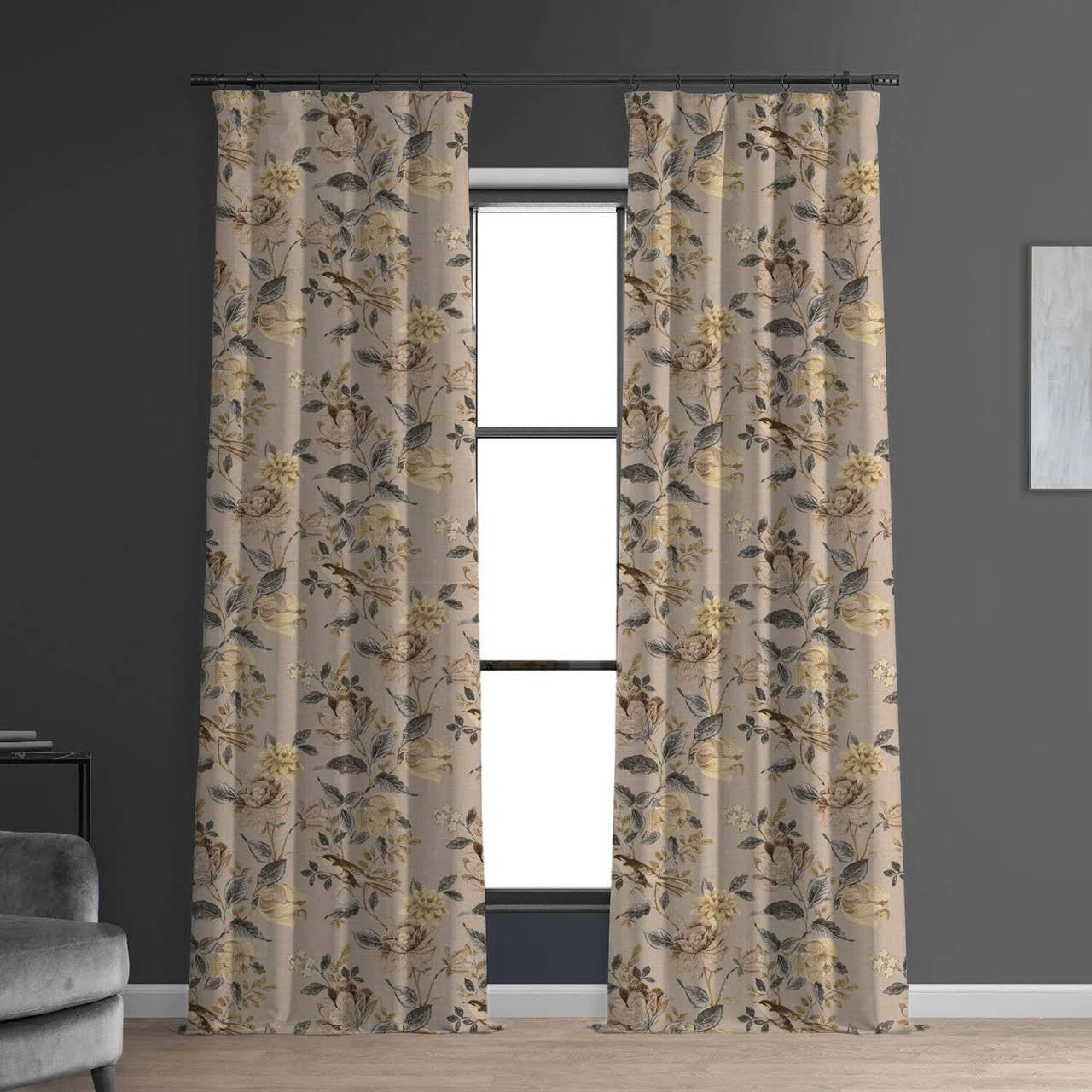 Neutral Taupe Curtains | Organic Cotton Linen | Floral & Bird Print | Blackout/Light Filtering | Made to Measure-1