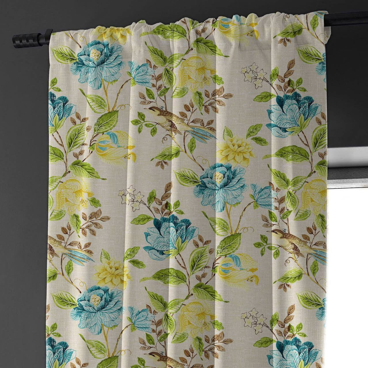 Cream Green Blue Floral & Bird Print Curtains | Organic Cotton Linen | Blackout/Light Filtering | Made to Measure-1