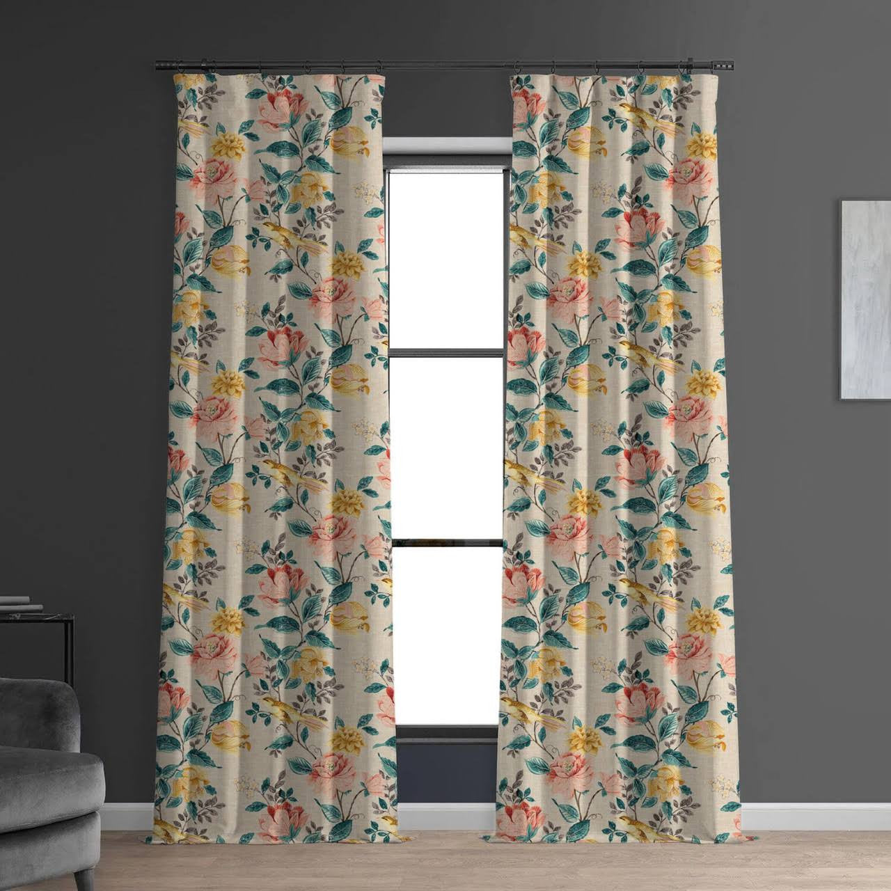 Bird & Floral Print Curtains | Organic Cotton Linen | Blackout/Light Filtering | Made to Measure | Eyelet, Rod Pocket & More-2