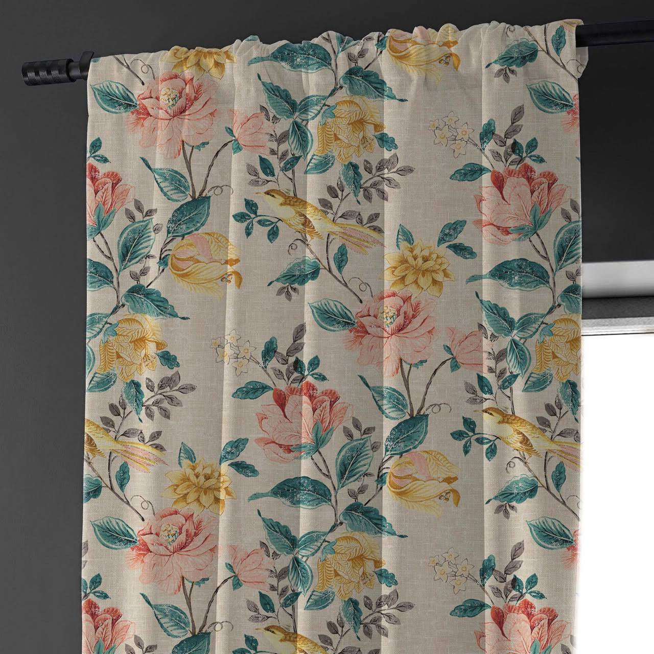 Bird & Floral Print Curtains | Organic Cotton Linen | Blackout/Light Filtering | Made to Measure | Eyelet, Rod Pocket & More-1