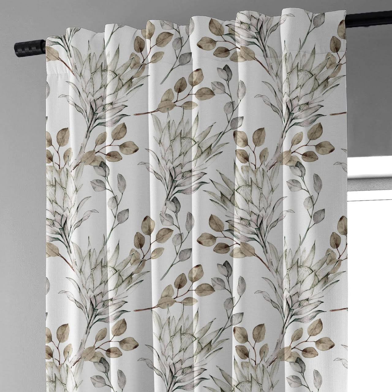 Hand Painted Style Brown Linen Curtains UK - Watercolor Leaf & Flower Design-0