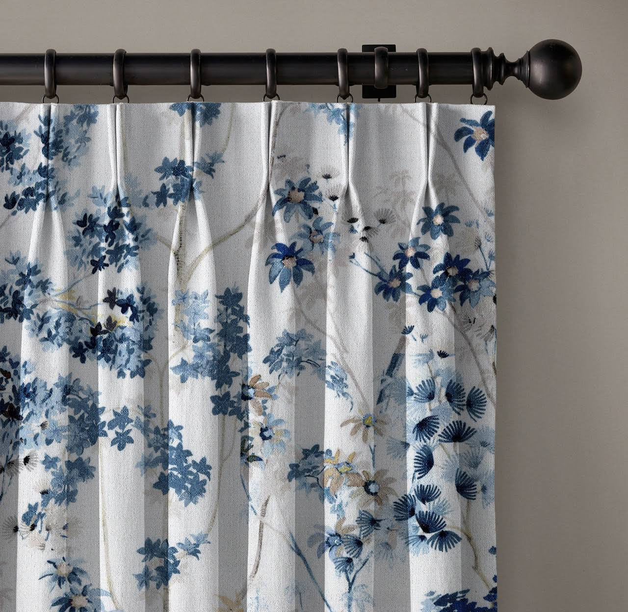 Elegant Hand Painted Floral Linen Cotton Curtains - UK Made to Measure Pinch Pleated Window Drapes-0