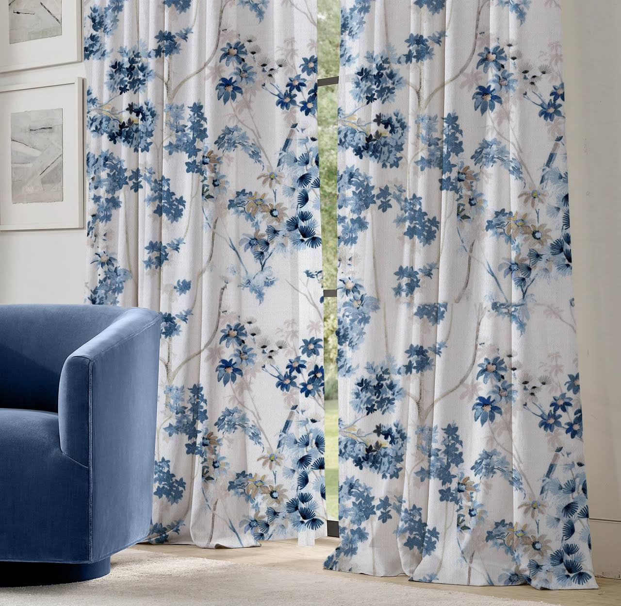 Elegant Hand Painted Floral Linen Cotton Curtains - UK Made to Measure Pinch Pleated Window Drapes-1