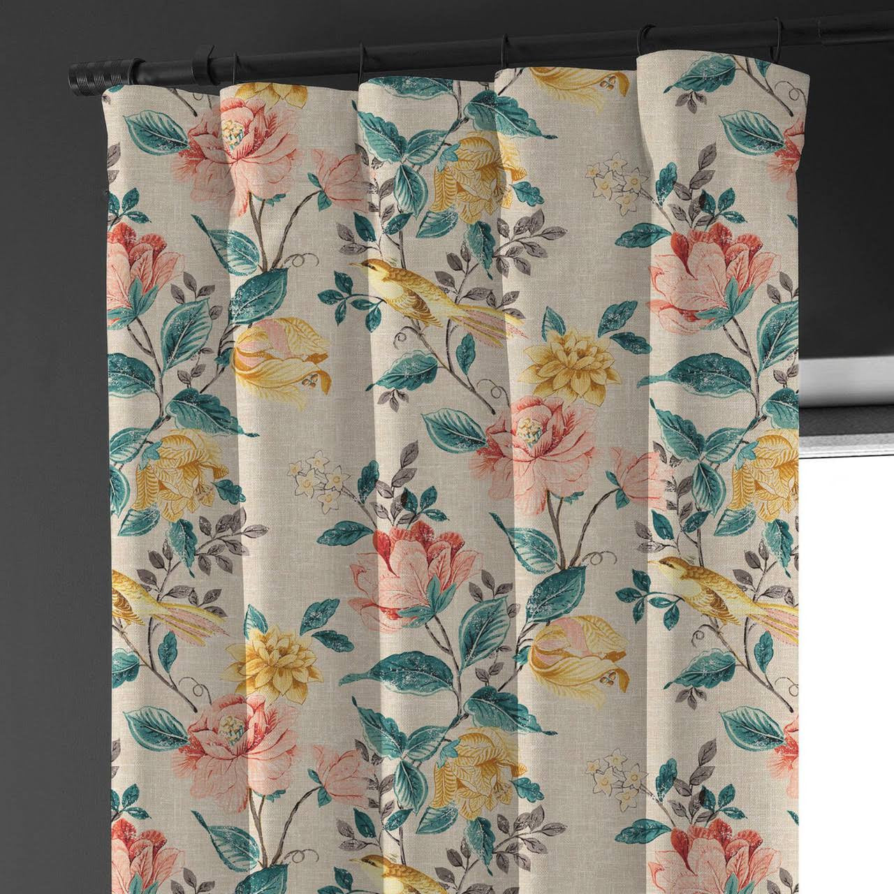 Bird & Floral Print Curtains | Organic Cotton Linen | Blackout/Light Filtering | Made to Measure | Eyelet, Rod Pocket & More-0