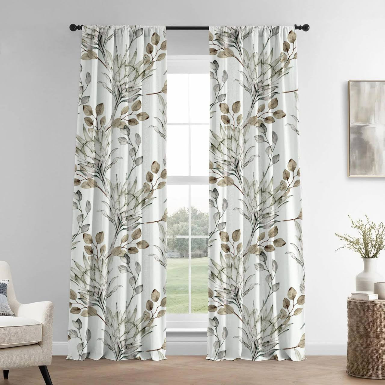Hand Painted Style Brown Linen Curtains UK - Watercolor Leaf & Flower Design-3