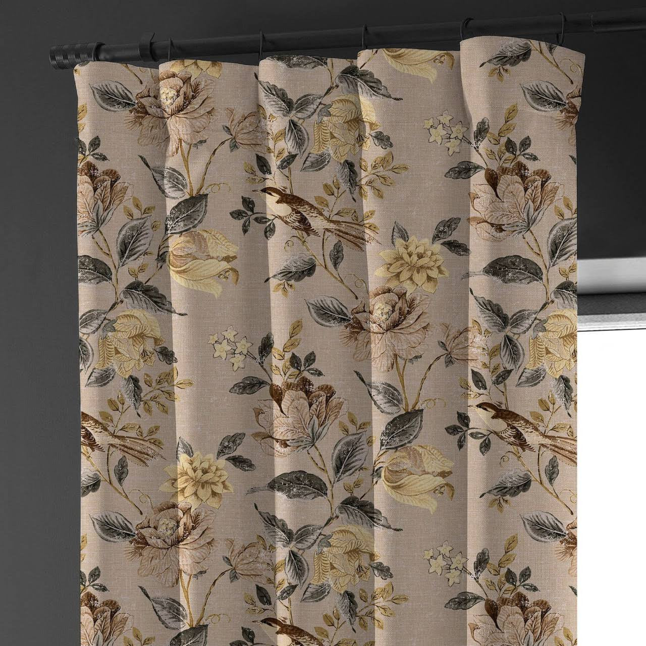 Neutral Taupe Curtains | Organic Cotton Linen | Floral & Bird Print | Blackout/Light Filtering | Made to Measure-0
