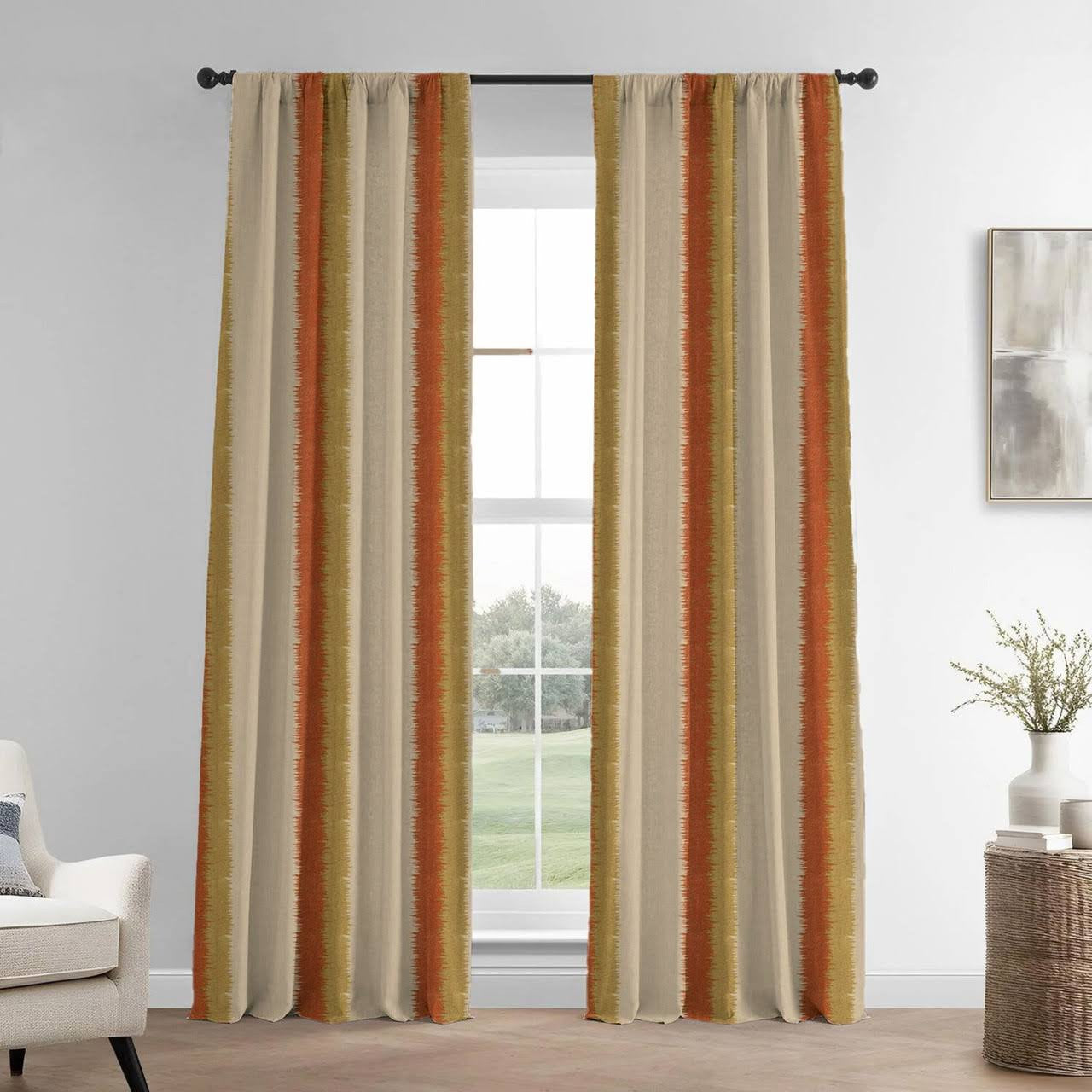 Natural Linen Beige & Rust Stripe Curtains - Rustic Earthy Home Decor-3