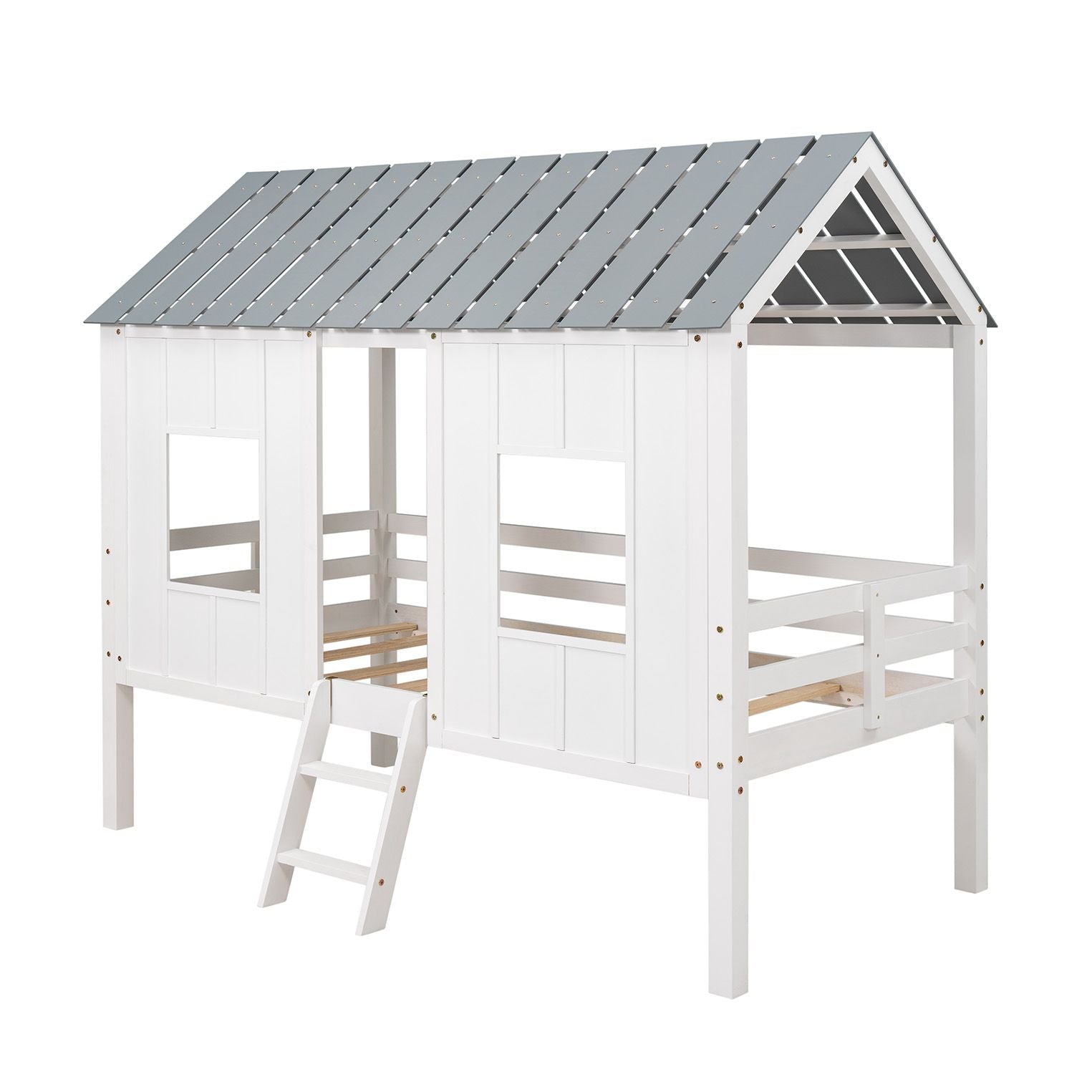 Imaginative Twin Low Loft Wood House Bed with Roof and Windows, White | Just Better Bunk Beds