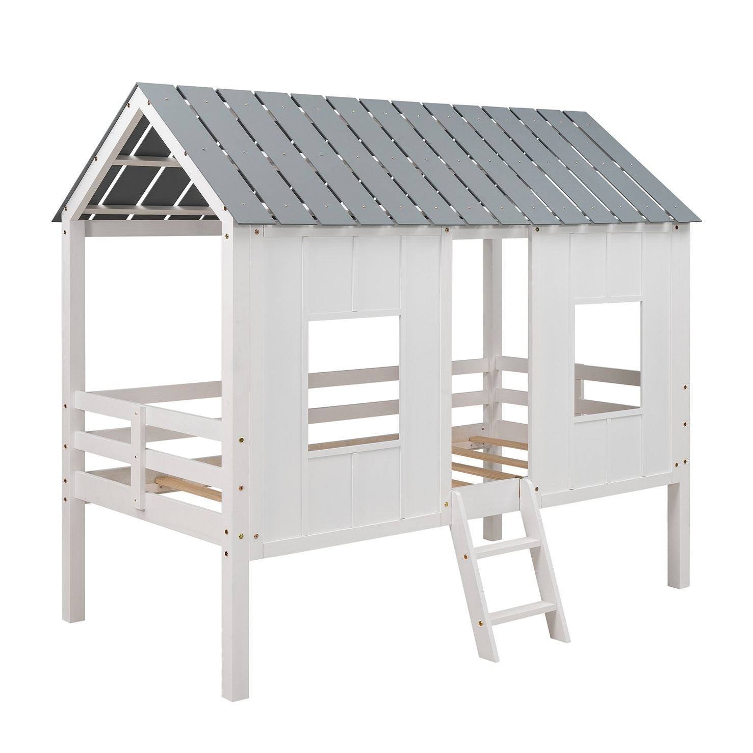 Imaginative Twin Low Loft Wood House Bed with Roof and Windows, White | Just Better Bunk Beds