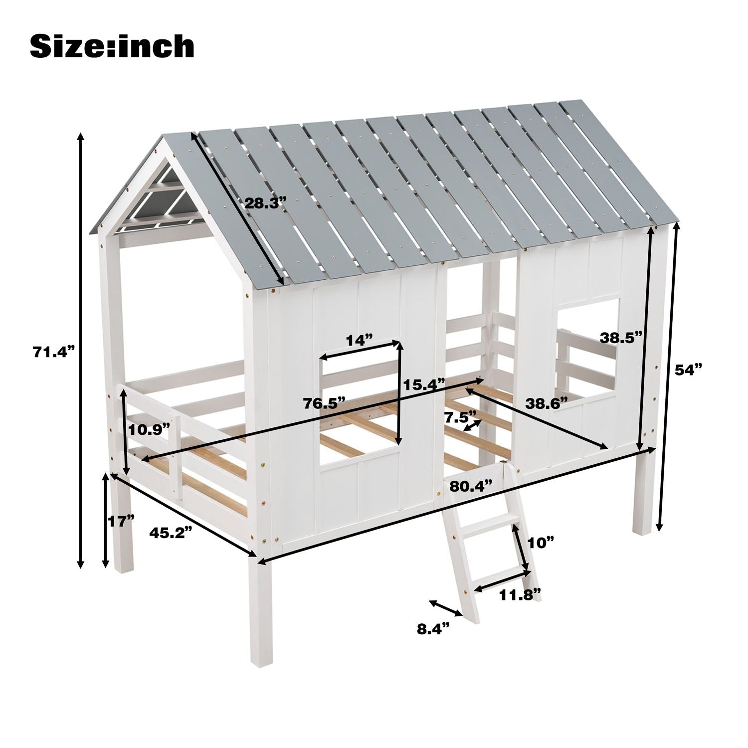 Imaginative Twin Low Loft Wood House Bed with Roof and Windows, White | Just Better Bunk Beds