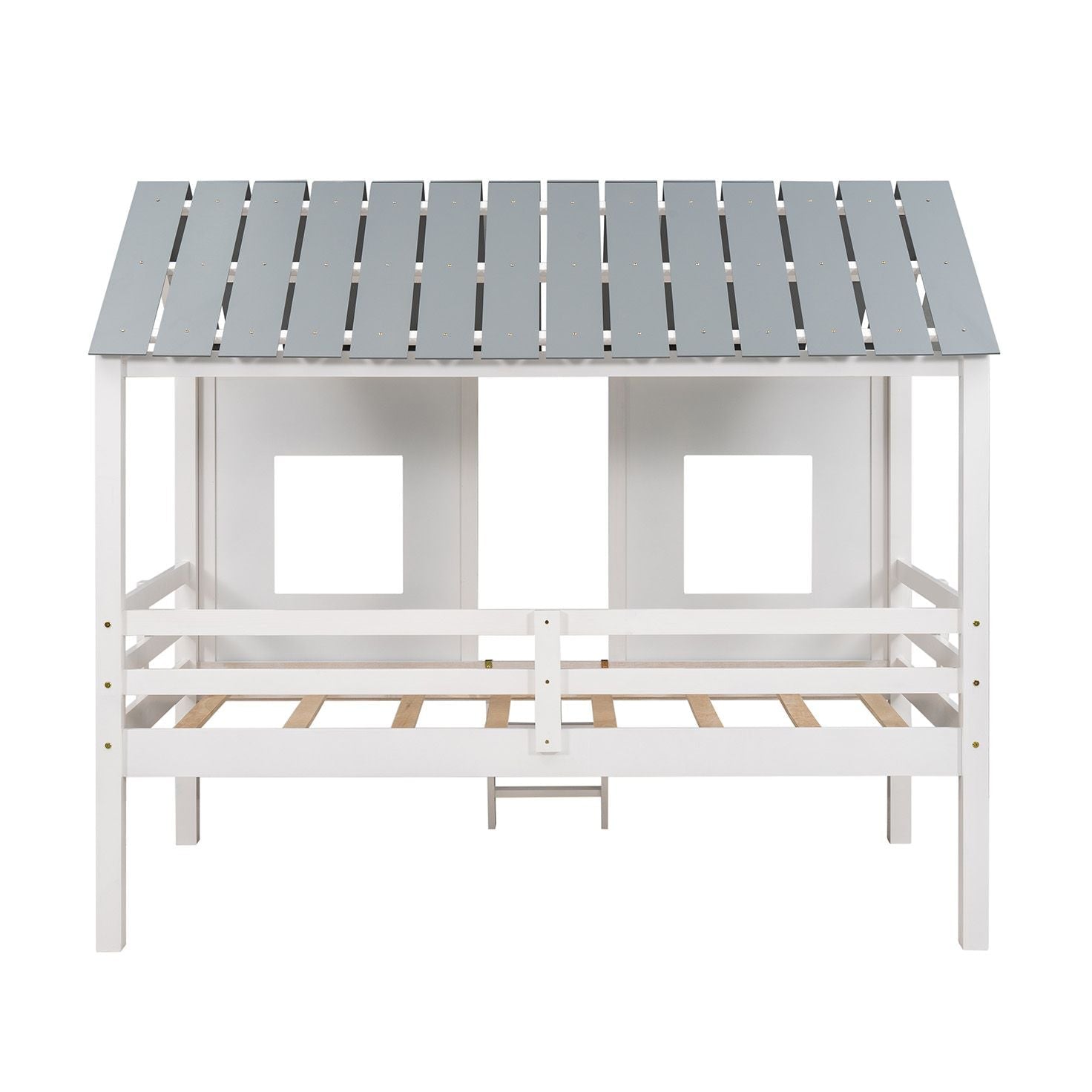 Imaginative Twin Low Loft Wood House Bed with Roof and Windows, White | Just Better Bunk Beds