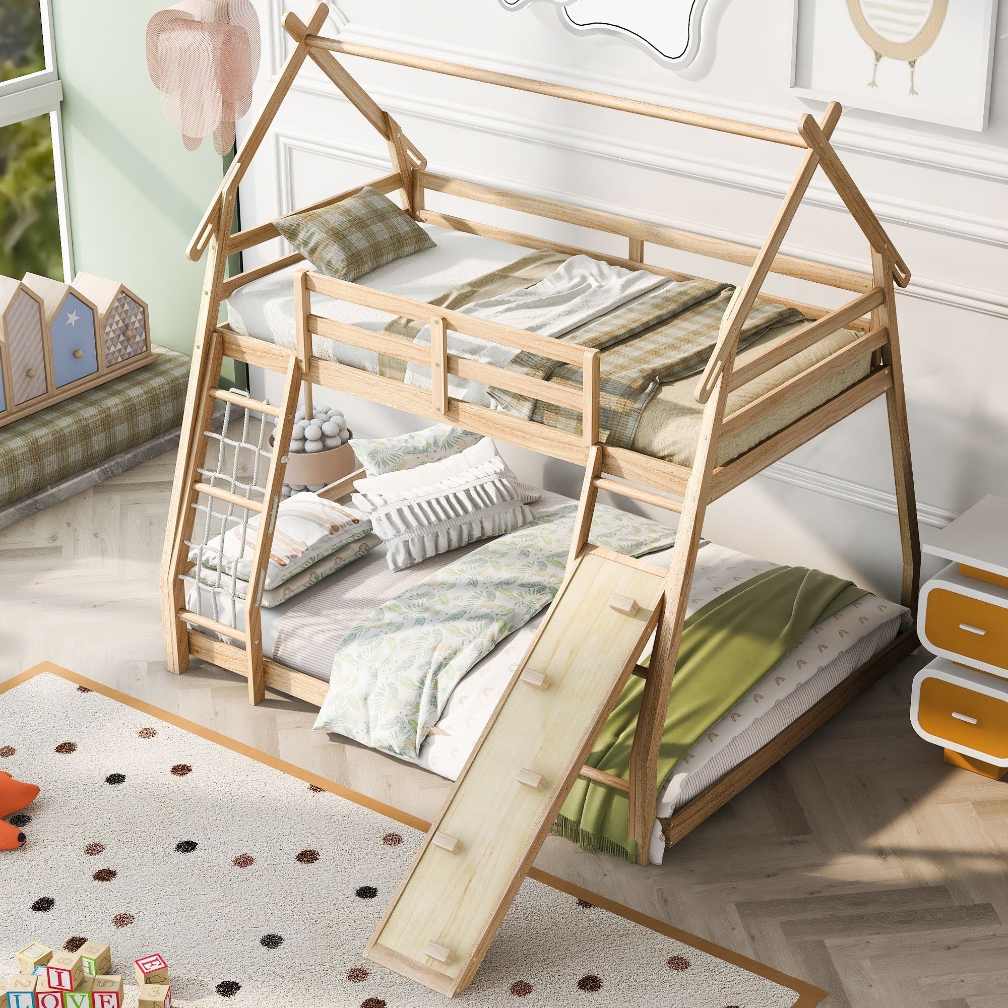 Imaginative Twin Over Queen Wood Bunk Bed with Climbing Nets and Ramp in Natural Finish | Just Better Bunk Beds