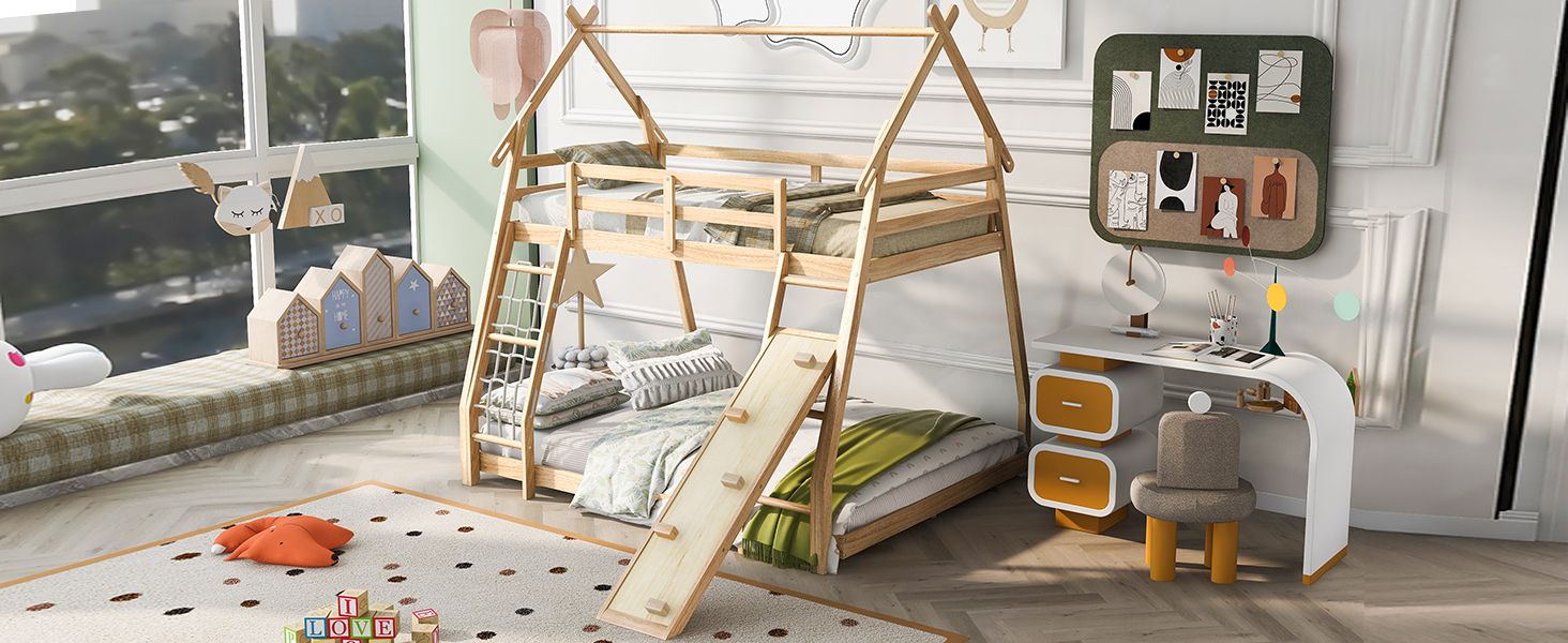 Imaginative Twin Over Queen Wood Bunk Bed with Climbing Nets and Ramp in Natural Finish | Just Better Bunk Beds