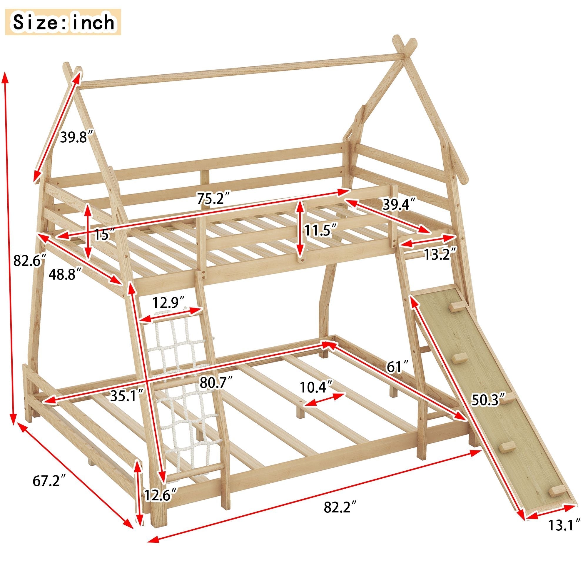 Imaginative Twin Over Queen Wood Bunk Bed with Climbing Nets and Ramp in Natural Finish | Just Better Bunk Beds