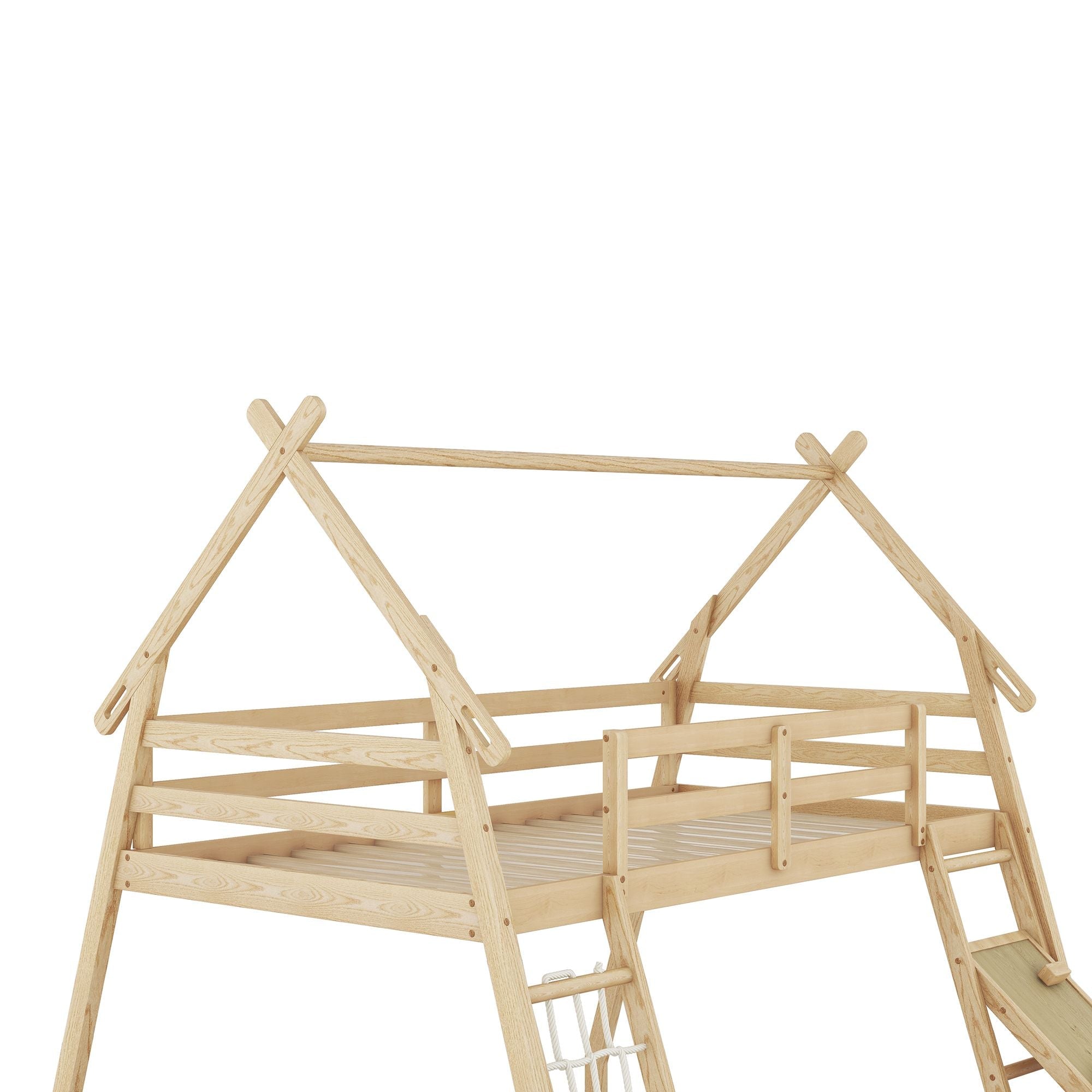 Imaginative Twin Over Queen Wood Bunk Bed with Climbing Nets and Ramp in Natural Finish | Just Better Bunk Beds