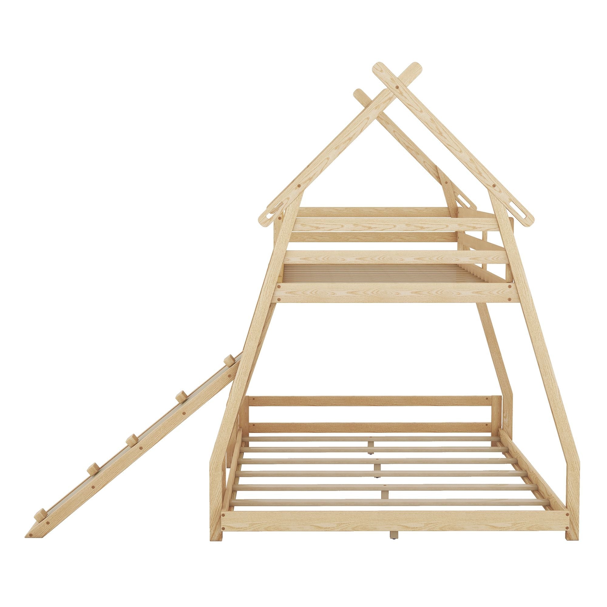 Imaginative Twin Over Queen Wood Bunk Bed with Climbing Nets and Ramp in Natural Finish | Just Better Bunk Beds