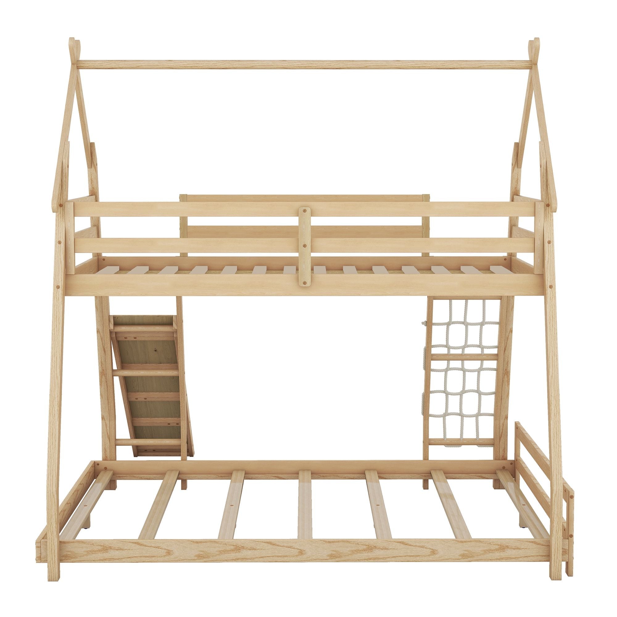 Imaginative Twin Over Queen Wood Bunk Bed with Climbing Nets and Ramp in Natural Finish | Just Better Bunk Beds