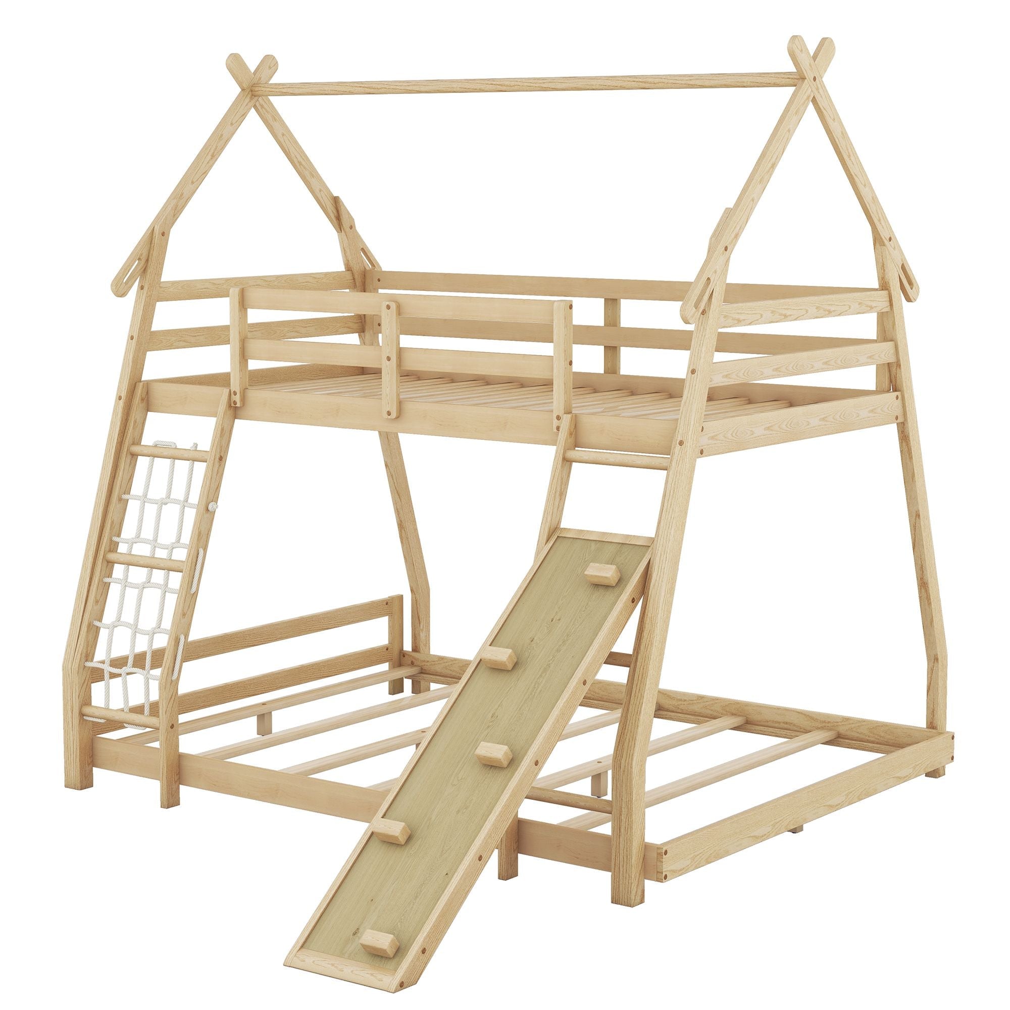 Imaginative Twin Over Queen Wood Bunk Bed with Climbing Nets and Ramp in Natural Finish | Just Better Bunk Beds