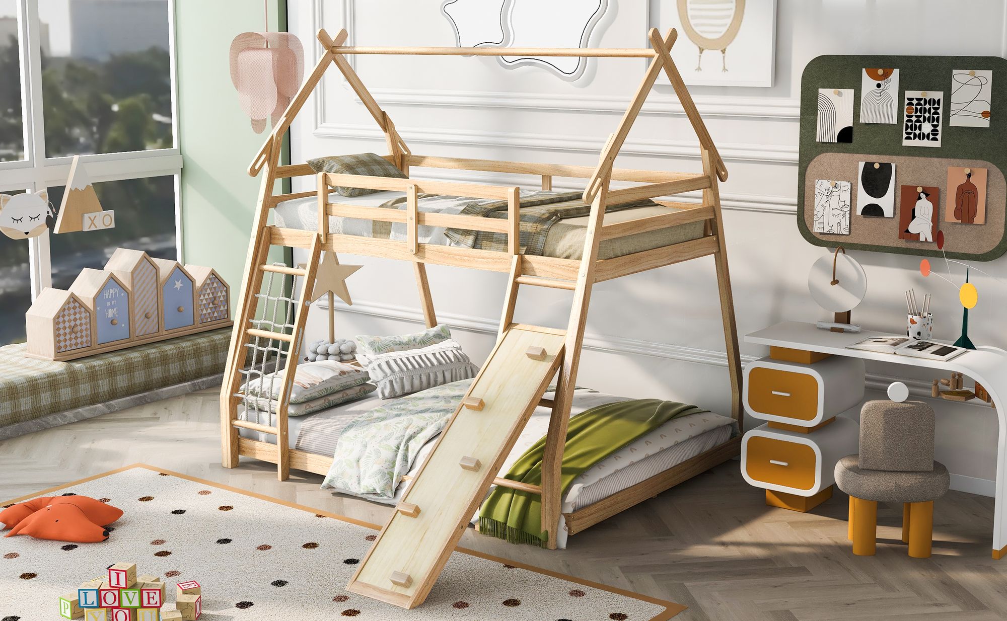 Imaginative Twin Over Queen Wood Bunk Bed with Climbing Nets and Ramp in Natural Finish | Just Better Bunk Beds