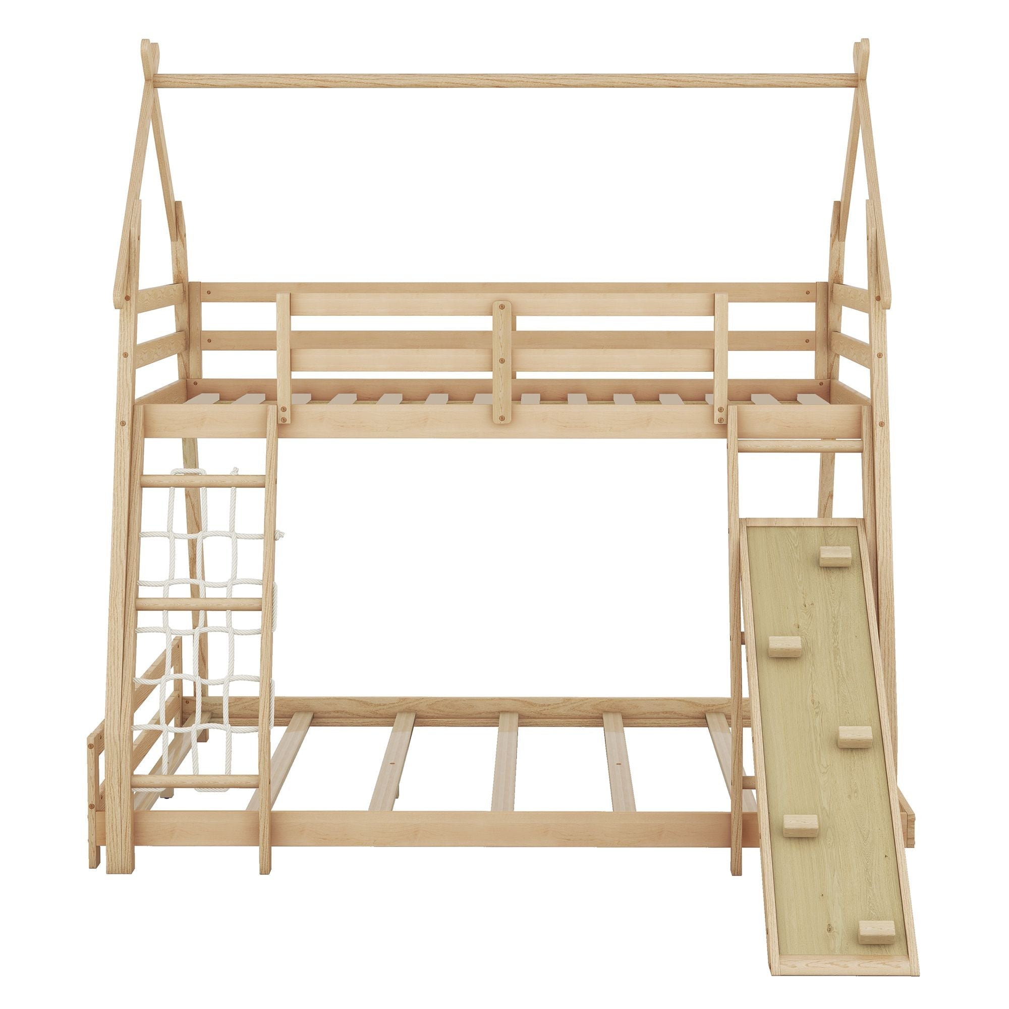 Imaginative Twin Over Queen Wood Bunk Bed with Climbing Nets and Ramp in Natural Finish | Just Better Bunk Beds