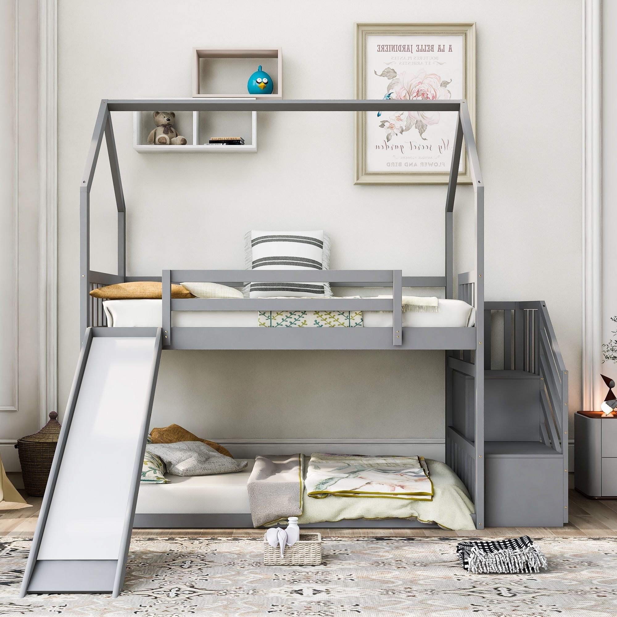 Imaginative Twin Over Twin Wood Bunk Bed with Convertible Slide and Storage Stairs, Gray | Just Better Bunk Beds